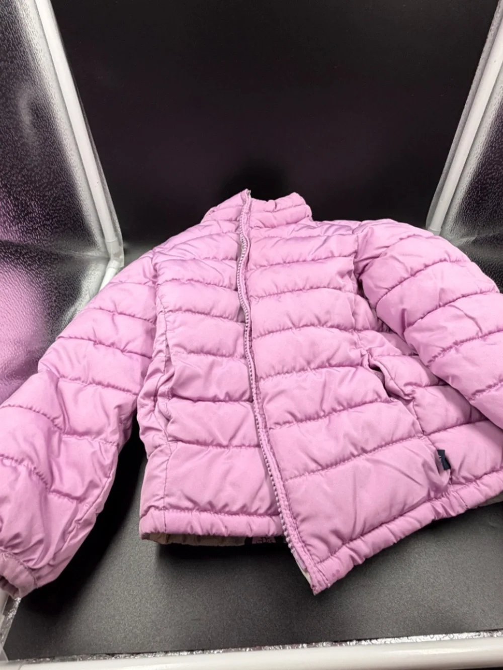 Gap Baby Girls 3T Disney Minnie Mouse Reversible Puffer Jacket Pink Gray Hearts